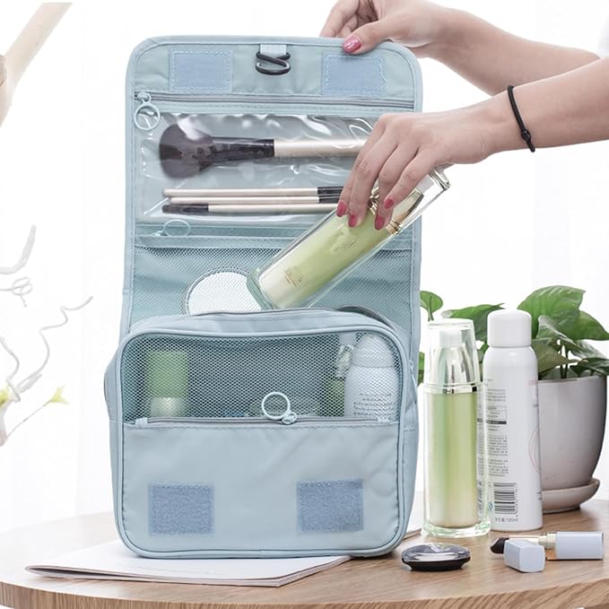 Travel Toiletry Bag for Women, Hanging Toiletry Bag with Multi-Pockets, Toiletry Bag for Traveling Easy Clean, Travel Organizer Bag Sky-blue