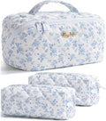 Travel Makeup Bag, 3 Pcs Large Capacity Puffy Toiletry Bag for Women, Open Flat Make up Cosmetic Organizer w/Handle & Clear Divider Water-resistant Portable Pouch Travel Essentials, M-Blue Floral
