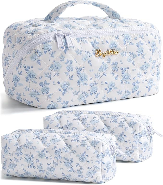 Travel Makeup Bag, 3 Pcs Large Capacity Puffy Toiletry Bag for Women, Open Flat Make up Cosmetic Organizer w/Handle & Clear Divider Water-resistant Portable Pouch Travel Essentials, M-Blue Floral