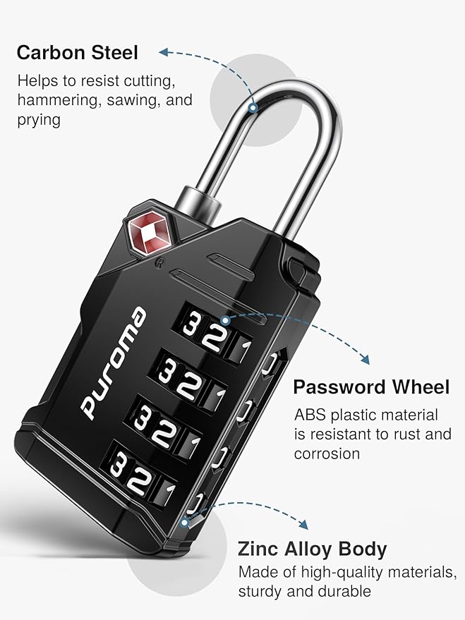 Puroma 6 Pack TSA Approved Luggage Locks, Black 4 Digit Resettable Travel Combination Code Lock with Zinc Alloy Body for Suitcase, Backpack, Laptop Bag, Gym Locker, Toolbox