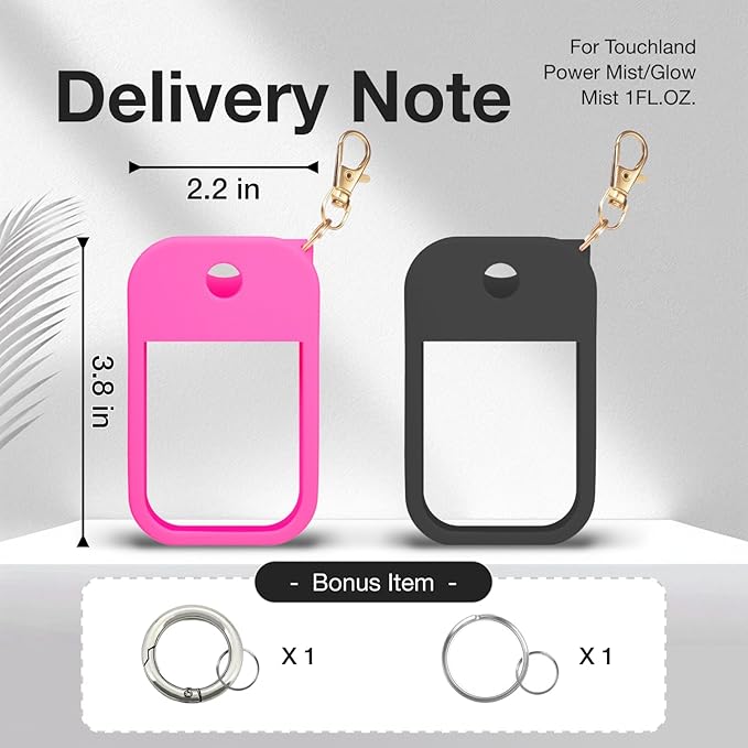 2 PCS Soft Silicone Case for Touchland Power Mist (1FL. OZ./30 mL), Protective and Stylish Case with Keychain Compatible with Touchland Hand Sanitizer Spray (Hot Pink/Black)