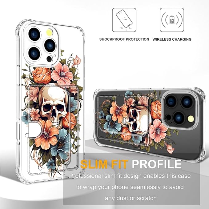 Compatible with iPhone 16 Pro Case Card Holder for Women Cute Design,Wallet Phone Cases Transparent Cool Kawaii Protective (Clear Skull & Flowers)