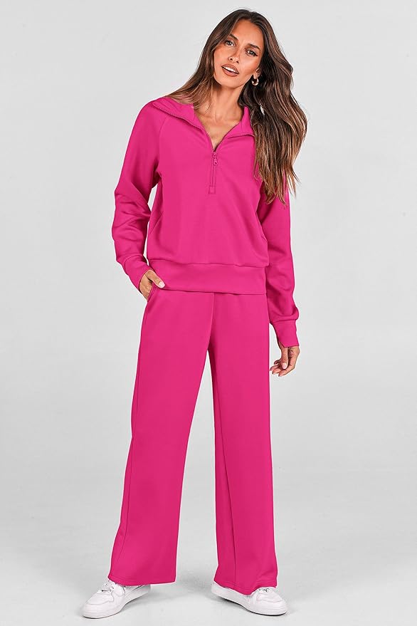 PRETTYGARDEN Women's 2 Piece Outfits Casual Lapel Half Zip Sweatshirts and Wide Leg Pants Tracksuit Sets