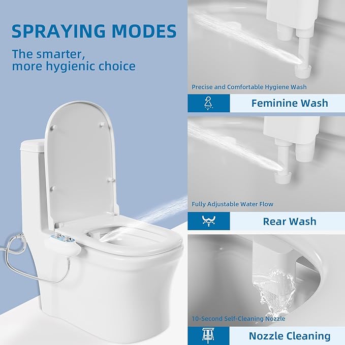 Ultra-Slim 3-in-1 Bidet Attachment for Toilet, Self-Cleaning Dual Nozzles for Posterior & Feminine Wash, Adjustable Water Pressure, Easy Install (Blue)