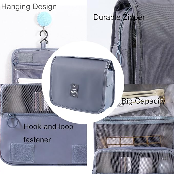 Travel Toiletry Bag for Women, Hanging Toiletry Bag with Multi-Pockets, Toiletry Bag for Traveling Easy Clean, Travel Organizer Bag Gray