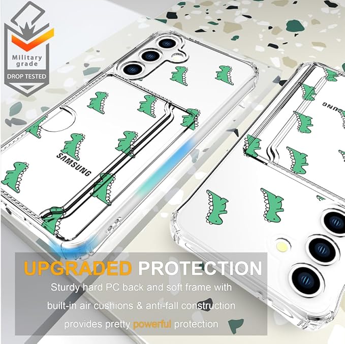 Compatible with Samsung Galaxy S24+ Plus / S25+ Plus Case Card Holder for Women Cute Design,Wallet Phone Cases Transparent Cool Kawaii Protective (Clear Lovely Dinosaurs Animal)