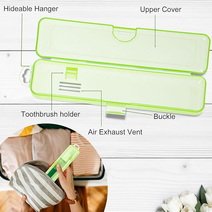 Yeeco Toothbrush Case 2 Packs, Transparent Green Travel Size, Plastic Holder, 7.87 x 1.85 x 1.18 Inches Portable for Traveling