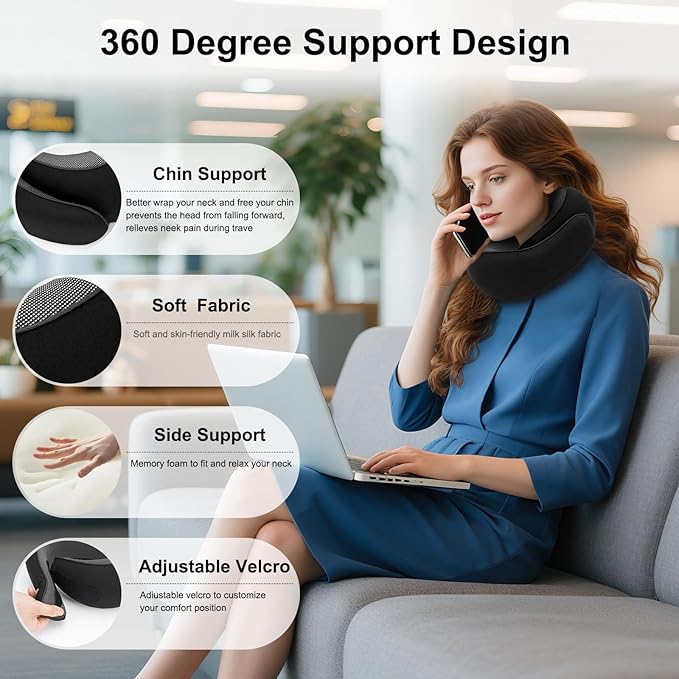Travel Neck Pillow for Airplane - 100% Memory Foam 360° Ergonomic Support - Adjustable Velcro, Washable Velvet Cover & Compact Storage Case - Flight Essentials for Sleeping (Black)