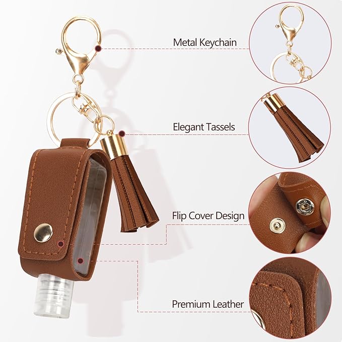 Unaone 1oz/30ml Hand Sanitizer Holder Travel Size, Empty Bottle Leather Sanitizer Holder with Keychain Portable Small Squeeze Bottle Refillable Container for Toiletry Lotion Liquid Soap Shampoo Brown