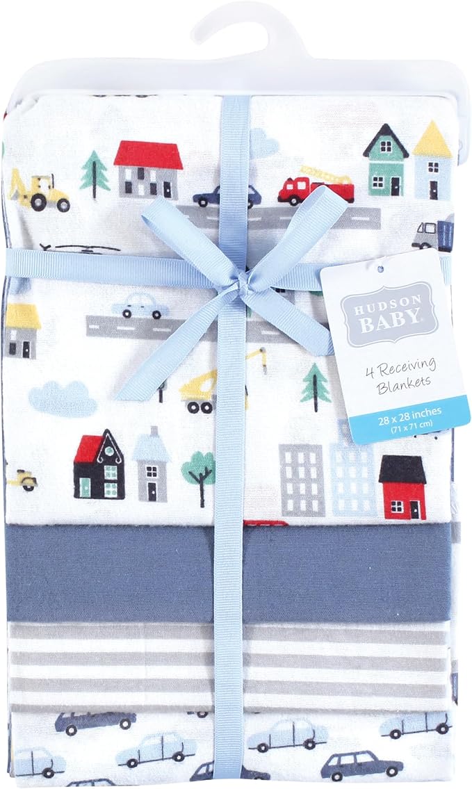 Hudson Baby Unisex Baby Cotton Rich Flannel Receiving Blankets 4-Pack, City Life, One Size