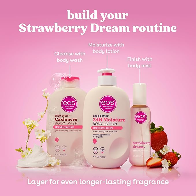 eos Cashmere Body Wash – Strawberry Dreams, Moisturizing Body Wash, Creamy Gel Formula, with Shea Butter, Glycerin, Vitamin E, pH Balanced, Sensitive Skin, Vegan, 16 fl oz