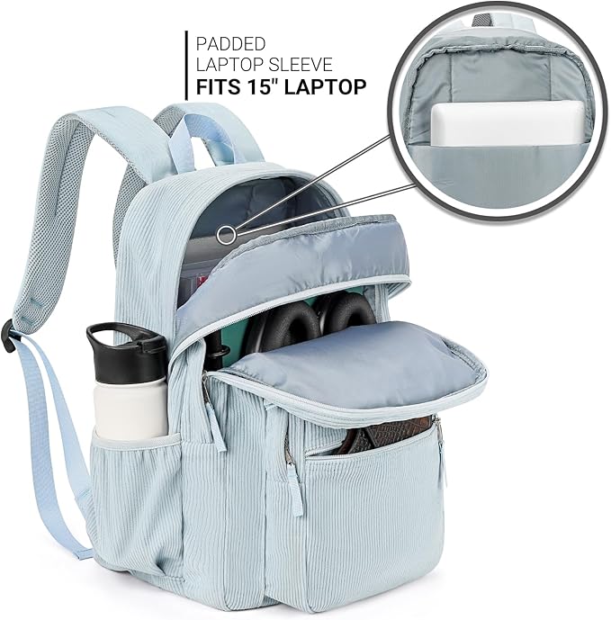 ZORFIN 26L Backpack for College, and Travel: Corduroy Bookbag - Sky Blue