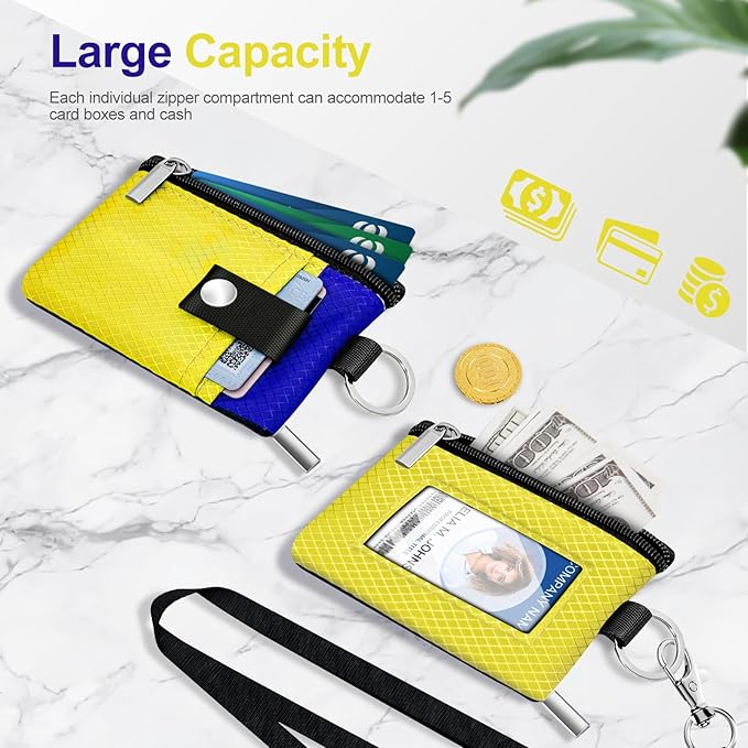 Minimalist RFID Blocking Small Wallet with ID Window,WaterResistant Zip Id Case Wallet with Lanyard Keychain for Cards,Cash,Travel,Women,Men (Lemon Yellow/Sapphire Blue)