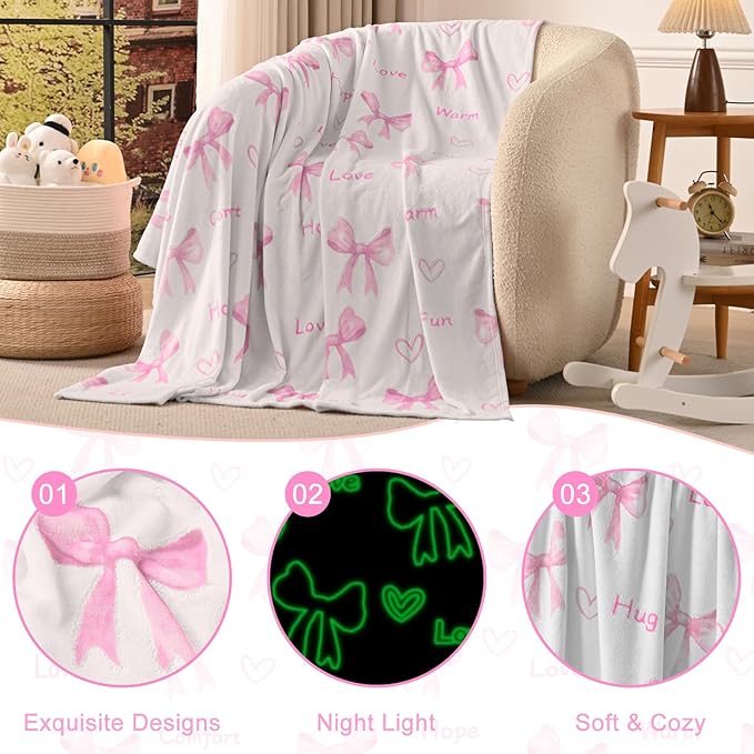 Wajade Pink Bow Glow in The Dark Love Blanket Birthday Gifts for Girls 1 2 3 4 5 6 7 8 9 10 11 12 Kids Blanket with Heart Christmas Girl Gifts Ideas Cute Bedroom Decor 50"×60"
