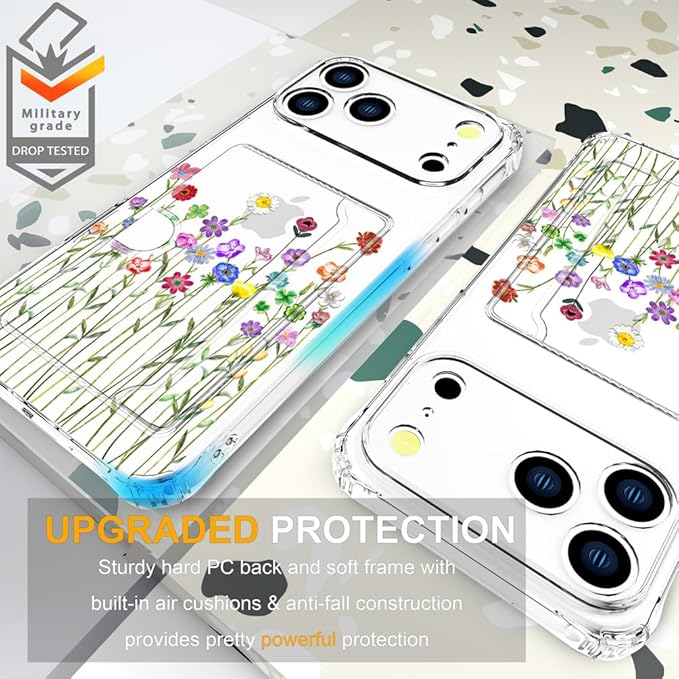 Compatible with iPhone 17 Pro Max Case Card Holder for Women Cute Design,Wallet Phone Cases Transparent Cool Kawaii Protective (Clear Flower Floral Bouquet)
