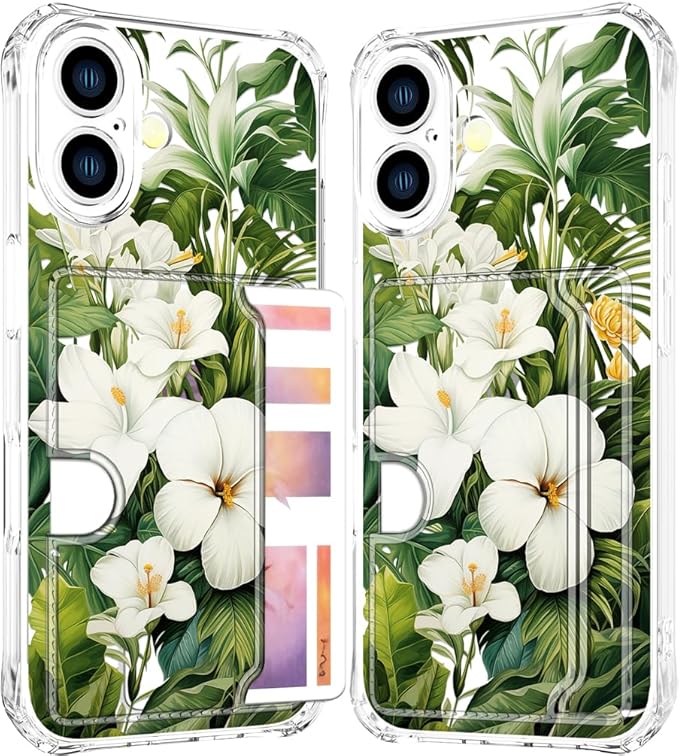 Compatible with iPhone 16 Plus Case Card Holder for Women Cute Design,Wallet Phone Cases Transparent Cool Kawaii Protective (Clear Green Flowers Tropical Jungle)