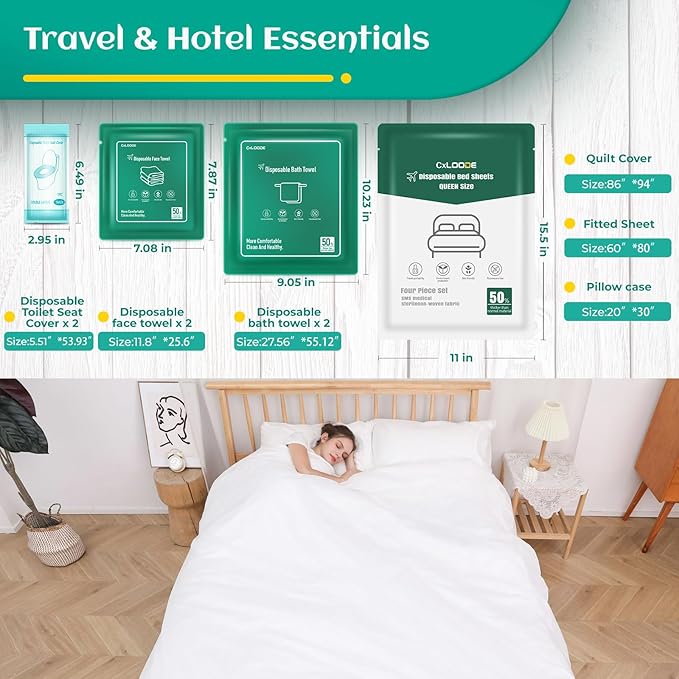 Hotel Essentials Disposable Bed Sheet for Travel, Queen Size Disposable Sheet with Bath Towel Face Towel Toilet Seat Cover, Disposable Hotel Sheet Travel Essentials for Cruise, Hotel, Camping, SPA