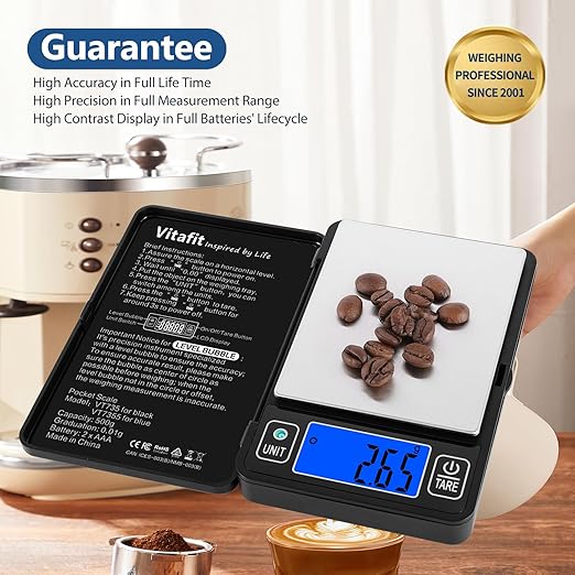 Vitafit 500g Digital Gram Scale in 0.01g, High Accuracy Assured by Built-in Level Bubble, Scale Professional Since 2001, Pocket Scale for Multi-Function: Kitchen, Food, Jewelry, Lab, Coffee, Black