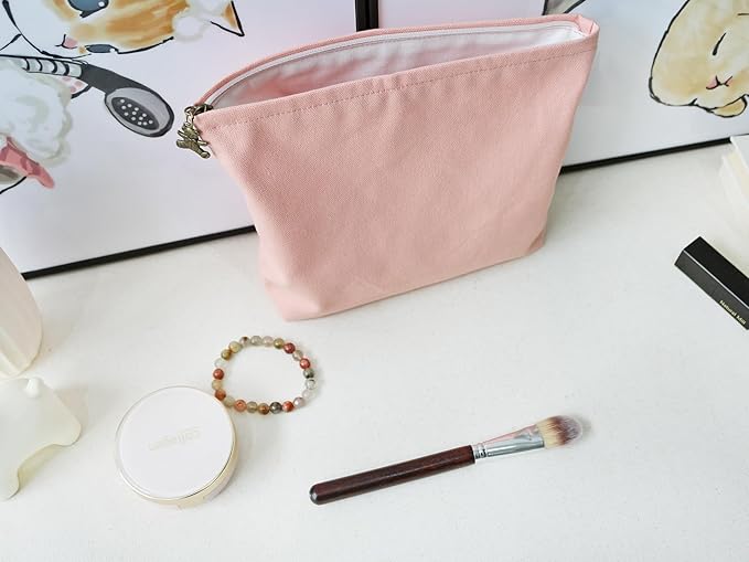 HAPPYHEIDI Canvas Pouch for Travel, Cosmetic Case, Solid Pink, Cotton Blend, Zipper Closure, 7.1x2.4x7 Inches