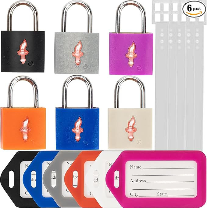 6 Pack Color Mixed TSA Luggage Locks with Key and Travel Tag - TSA Approved, Family Set Lock for Backpacks, Bags and Luggage