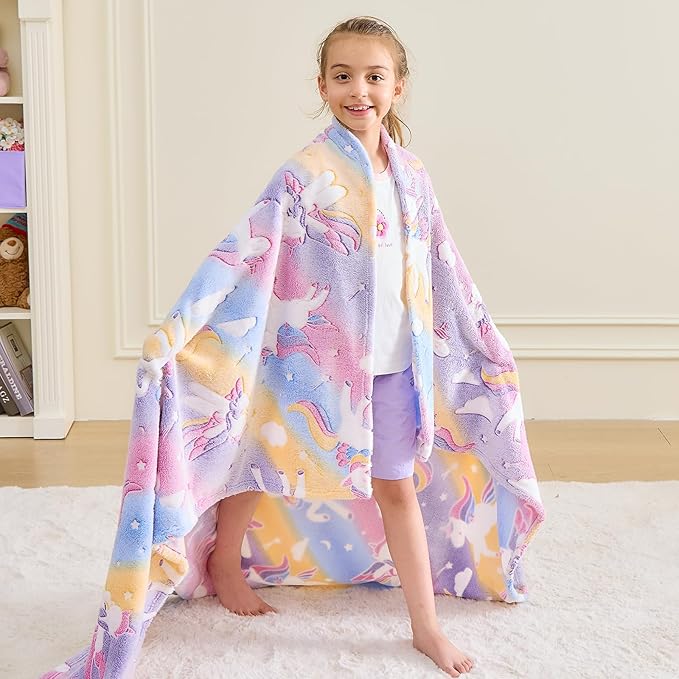 Wajade Unicorn Gifts for Girls - Glow in The Dark Unicorn Blanket Birthday Easter Decor for Kids Age 3 4 5 6 7 8 9 10 11 12 Years Old Teens Child Toddler Throw Colourful 60"x80"
