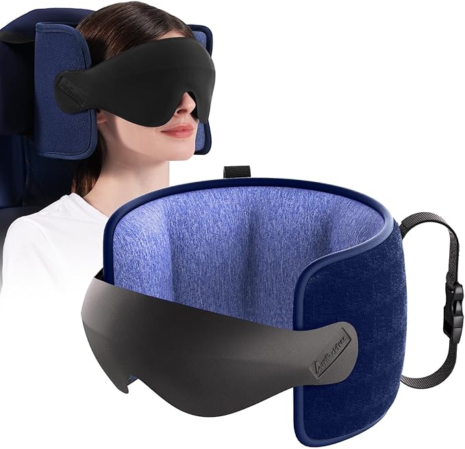 Travel Pillow for Airplane, Travel Pillow with Seat Strap and 3D Eye Mask to Firm Head, 360°Support Headrest No Bobblehead, Travel Essentials for Long Flight,Car Road Trip,Faded Blue