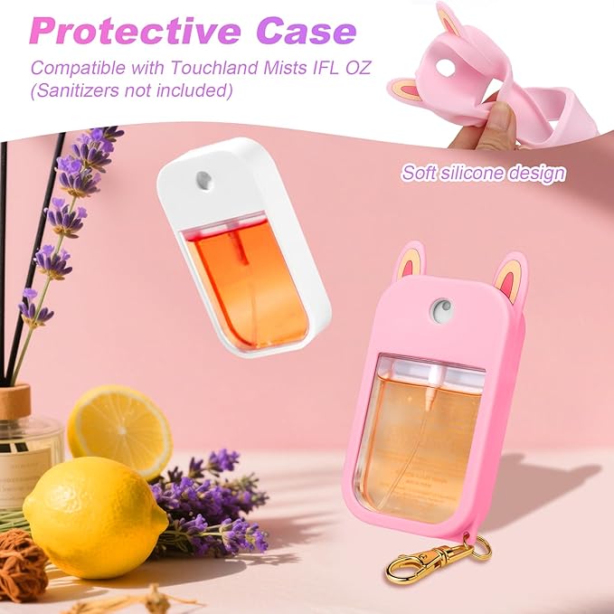 AIERSA Hand Sanitizer Spray Case Compatible with Touchland,Rabbit Ears Design Silicone Hand Sanitizer Case Holder with Keychain for Touch Land Mist Case 1FL. OZ (Pink)