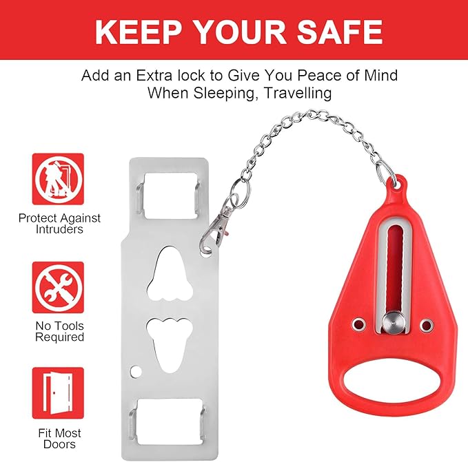 2 Pieces Red Portable Door Locks,Temporary Door Lockdown for Hotel Apartment, Provide More Security in an Unfamiliar Environment, Compact and Reliable Travel Essentials for Motels Dorm