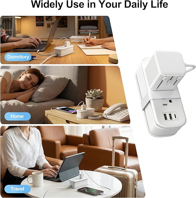 VYLEE Universal Travel Adapter with 6ft Extension Cord, Worldwide Plug Adapter (Type A/C/G/I) for Europe UK US AU, 2 AC Outlets + 3 USB Ports (USB-C), Cruise Ship Essentials Travel Power Strip