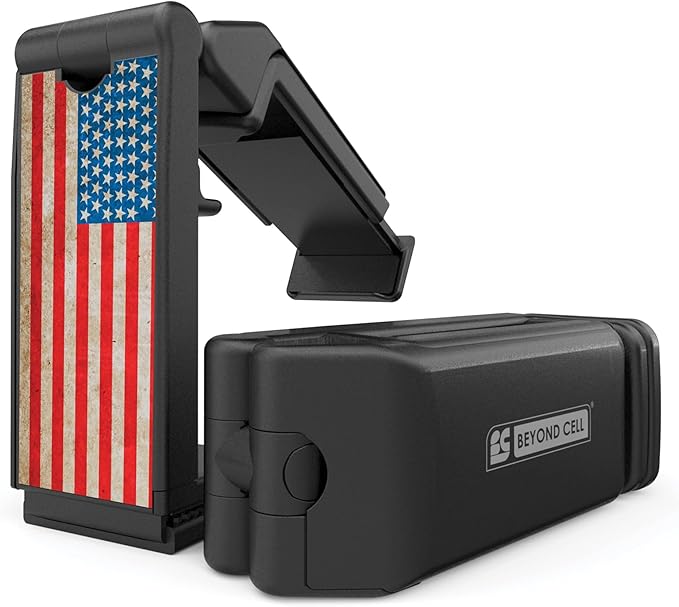 Beyond Cell Travel Accessories, Universal Seat Back Tray Table Hands Free Phone Clip Holder, Adjustable Pocket Size Airplane Travel Essentials Compatible with iPhone and Android American Flag