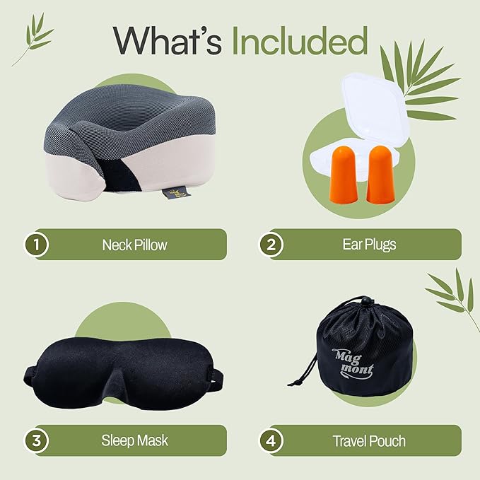Neck Pillow for Traveling - Bamboo Charcoal Memory Foam with 360° Chin Support for Airplane, Soft & Breathable, Seamless Design, Removable Cover, Travel Accessories Included