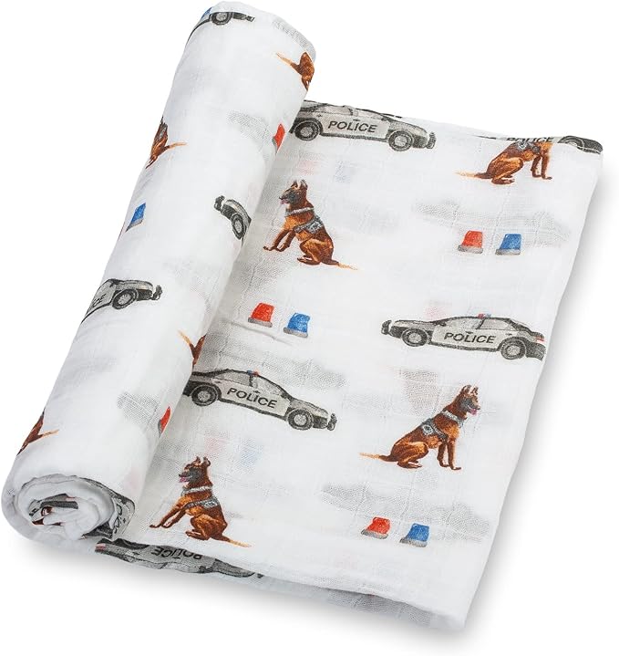 LollyBanks Muslin Swaddle Blanket, 100% Muslin Cotton Blankets for Baby Boys, 47 X 47 Inches Soft and Cozy Swaddle for Newborn Baby, Newborn Essential (Police Dog Print)