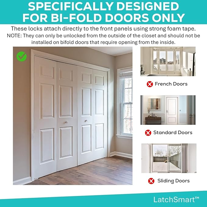 Bifold Door Lock (2 Pack), Child Safety Lock for Your Closet & Pantry, Automatically Locks to Keep Toddlers, Dogs, & Cats Out, Tool-Free Install