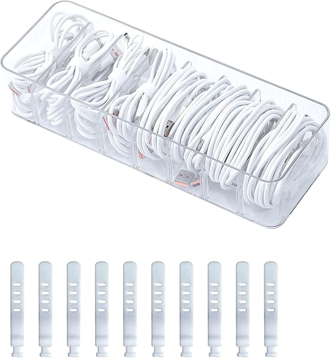 Clear Cable Cord Organizer Box, Adjustable Desk Drawer Storage Case for Home Office Supplies, Battery and Cell Phone Charger, Plastic Art Crafts Container
