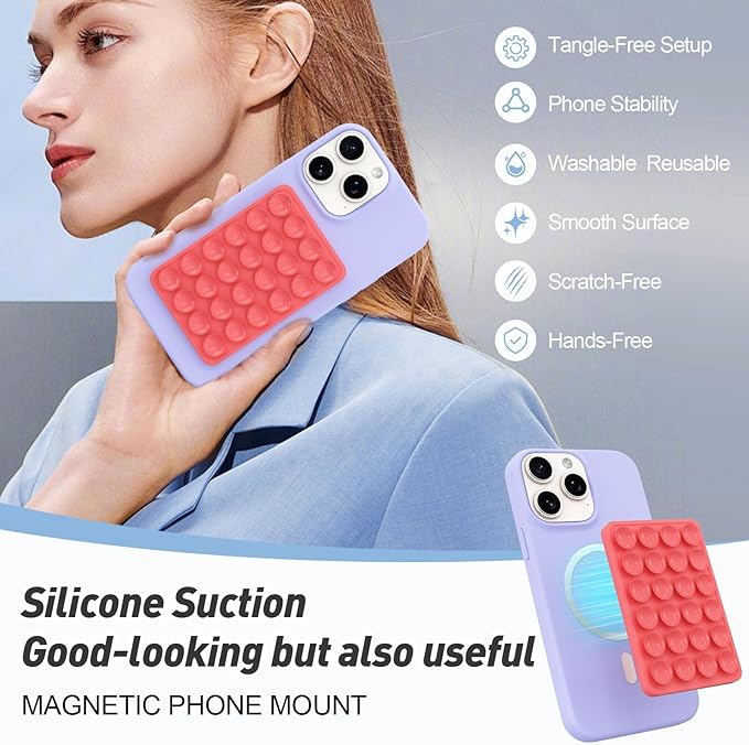 Magnetic Suction Phone Mount for MagSafe Case,Silicone Sticky Phone Grip Holder for iPhone,Removable Hands-Free Selfie/Video for TikTok & Instagram Influencer/Creator (Rose Red)