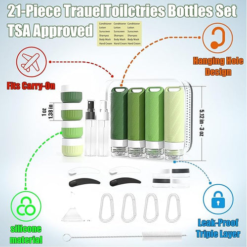 26 Pcs TSA Approved Travel Toiletry Bottles Set, Leakproof Silicone Refillable Travel Containers with Hanging Hole & Carabiner, Portable Essentials, for Shampoo Conditioner Lotion Body Wash
