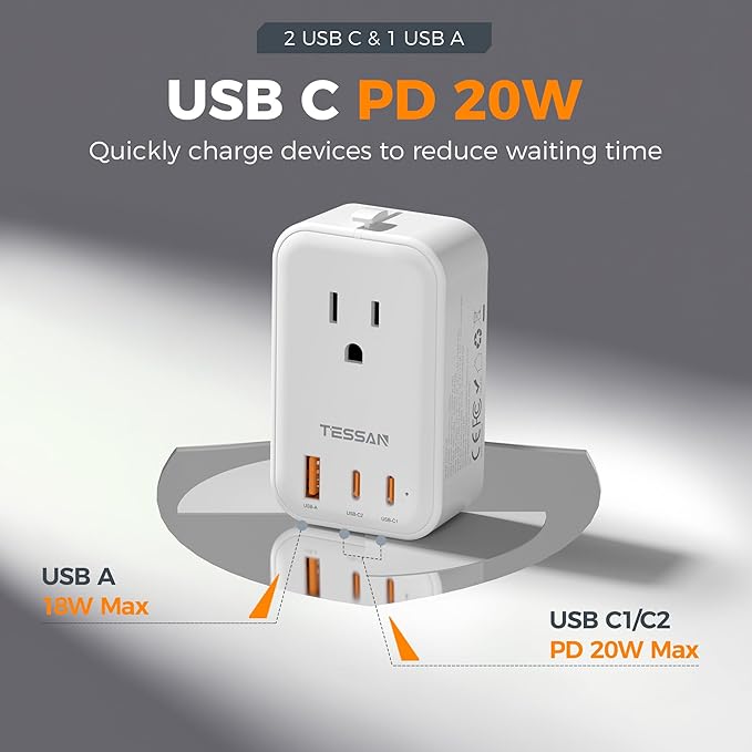 TESSAN Universal Travel Adapter PD 20W, International Power Adapter with 2 USB C 1 USB A Charging Ports, Worldwide Power Outlet Travel Essentials for US to EU UK AUS Scotland (Type C G A I), White