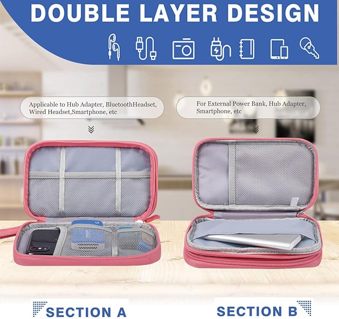 CAAORDKSO Travel Electronics Organizer, Waterproof Cable Organizer Bag, Accessories Storage Case Pouch for Cable, Cord, Charger, Phone, Power Bank, Earphone (Dark Pink, Medium)