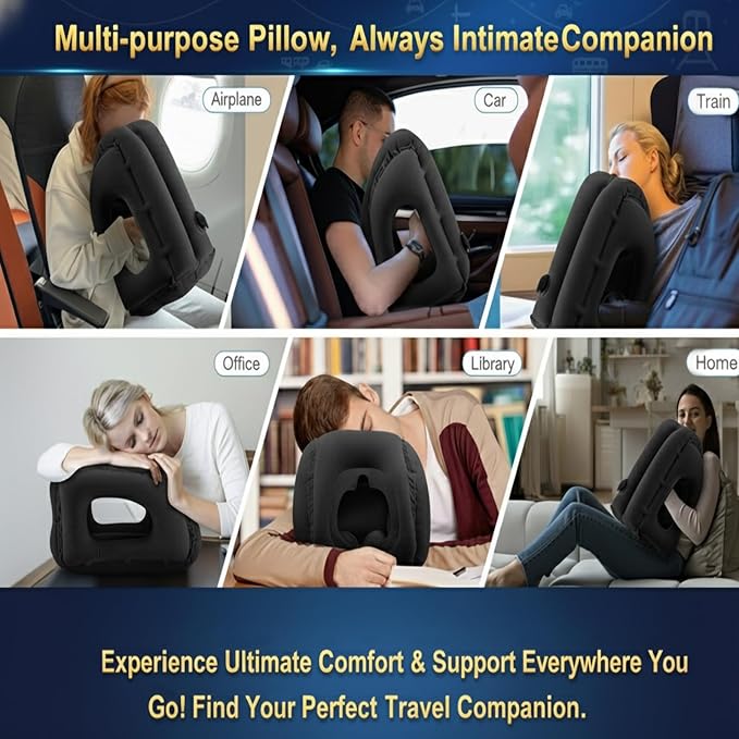 Inflatable Travel Pillows for Airplanes, Blow Up Travel Pillow for Train Office Car with Chin and Neck Support, Travel Pillow for Sleep Support with Eye Mask,Storage Bag & Earplugs (Navy Blue)