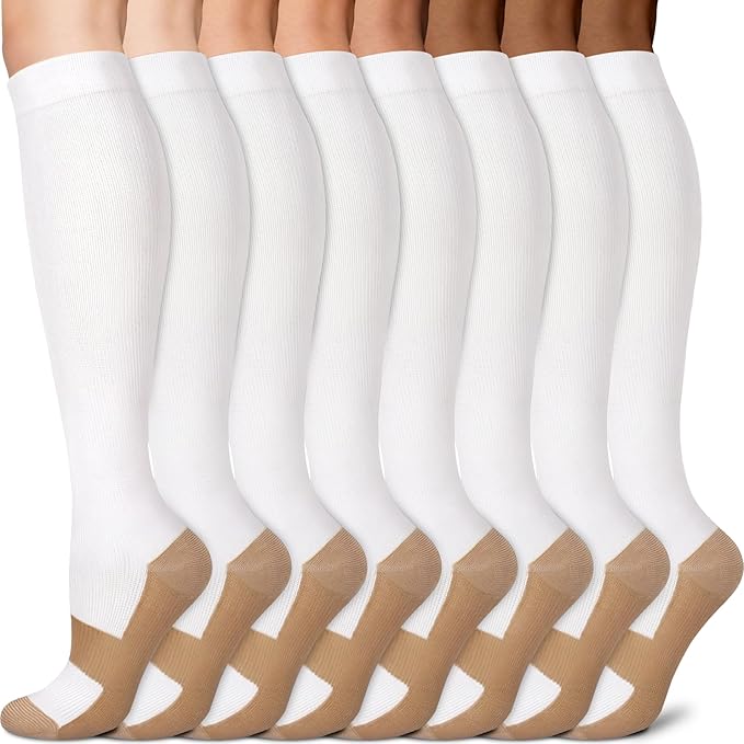 Sooverki Copper Compression Socks for Men & Women 8 Pack 15-20mmHg - Knee High Stockings Best Support for Running Athletic