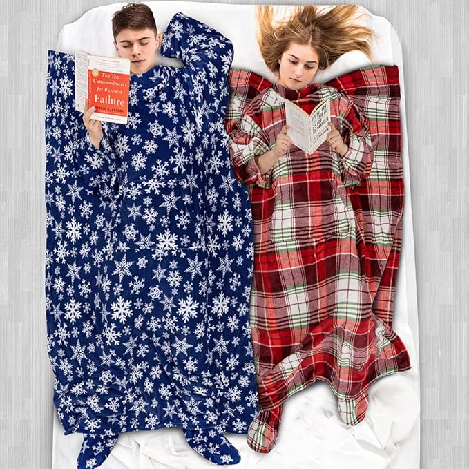 PAVILIA Fleece Blanket with Sleeves, Foot Pockets for Women Men Adults, Plush Wearable Blanket Throw Wrap, Warm Snuggle Blanket Robe, Cozy Gift Ideas Wife Mom, Christmas Plaid