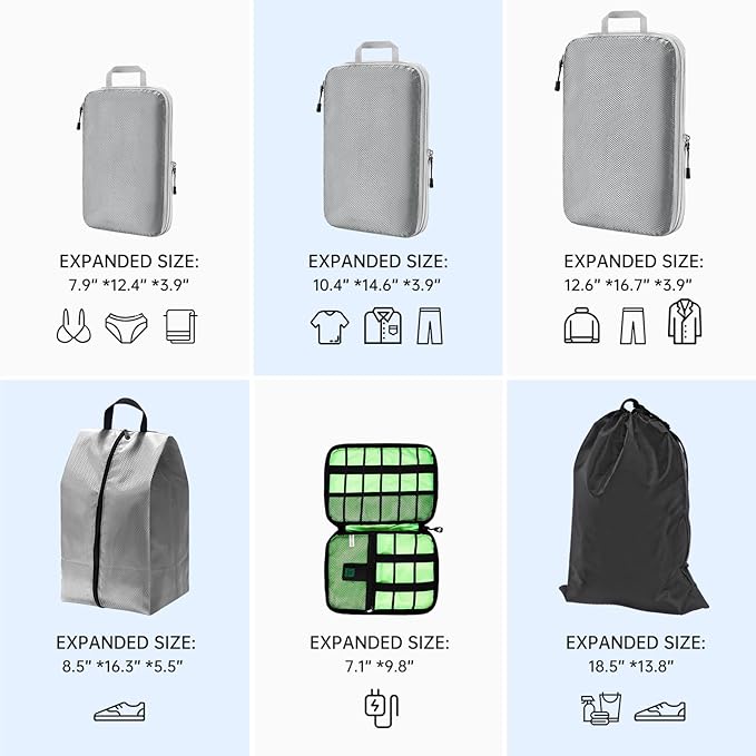 NiHome Compression Packing Cube 6PCS Set Expandable Travel Bag Luggage Organizers Electronic Cable Cord Charger Organizer Drawstring Bag for Trip Home Storage Travel Gear Accessories (Blue/Black/Grey)