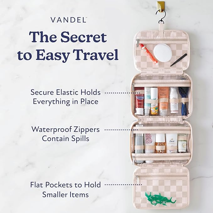 VANDEL Waterproof Hanging Toiletry Bag [TSA-Approved] Hanging Makeup Organizer Bag, Cosmetic Travel Bags for Women, Makeup Case Toiletries Organizer Hygiene Bathroom Shower Caddy - Neutral Checker