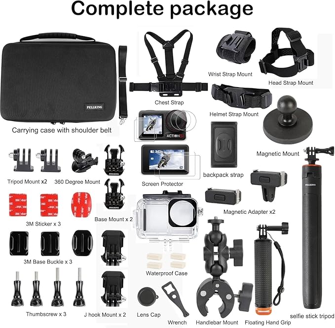 PellKing Accessories Kit for DJI Osmo Action 5pro/4/3,Carrying Case with Belt 135cm Selfie Stick Tripod Waterproof Housing Floating Handle Grip Magnetic Handlebar Mount Qucik Release4 in 1 Body Mount