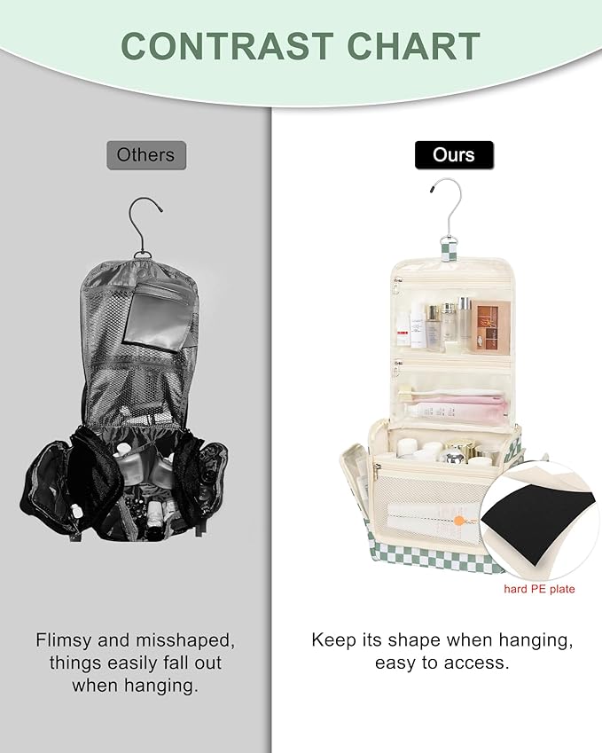 Relavel Travel Toiletry Bag for Women Makeup Bag Cosmetic Organizer Toiletries Bag with Hanging Hook for Travel Size Essentials Accessories Shower Caddy Bag for Bathroom Beach Gym, Green Checkerboard