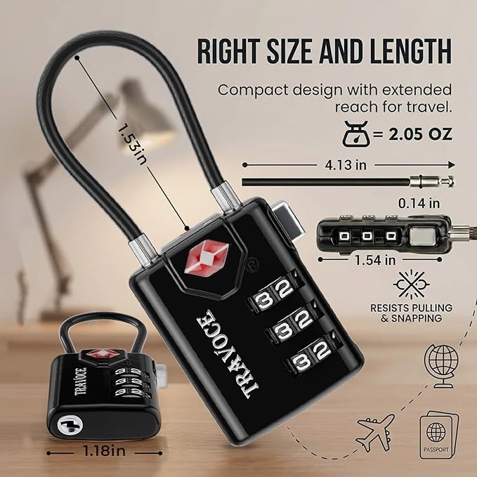 TRAVOCE TSA Approved Luggage Locks - Heavy Duty 3 Digit Combination Cable Lock, Search Alert for Suitcases, Backpacks, Golf Bags, Tents, Violin and Camera Cases, 1 Pack, Black