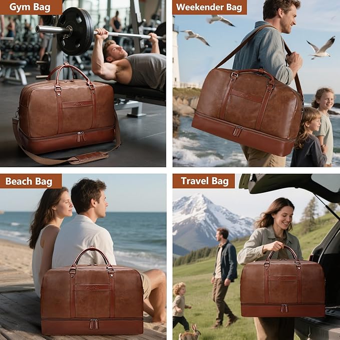 Large 4-in-1 Leather Duffle Bag for Travel Weekender Overnight Hospital Gym Bag for Men & Women, Carry On Airline Approved Personal Item Duffel Garment Bag Luggage with Shoe Compartment & Toiletry Bag