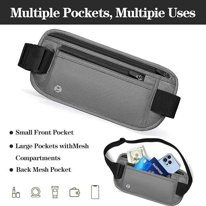 Gray Hidden Money Belt for Travel for Men, Waist Wallet Anti Theft, RFID Passport Holder For Travel Men Or Women, Money Pouch, RFID Passport Holder