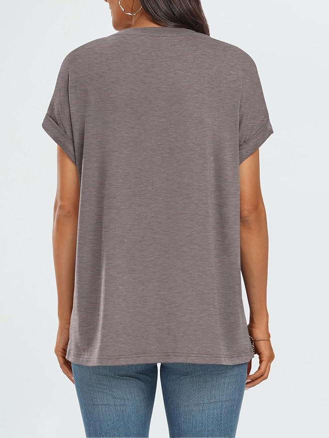 AUTOMET Women's Oversized Short Sleeve T Shirts Casual Drop Shoulder Rolled Cuff Summer Tops for Work, Travel and Lounge