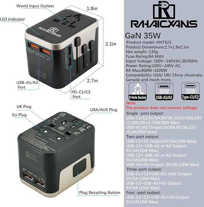 35W Worldwide Travel Adapter, 4-in-1 International power adapter with 2 USB-C & 2 USB-A Ports, All-in-One AC Outlet for US/EU/UK/AUS/Asia - Fast Charging Travel Plug Adapter (Black)